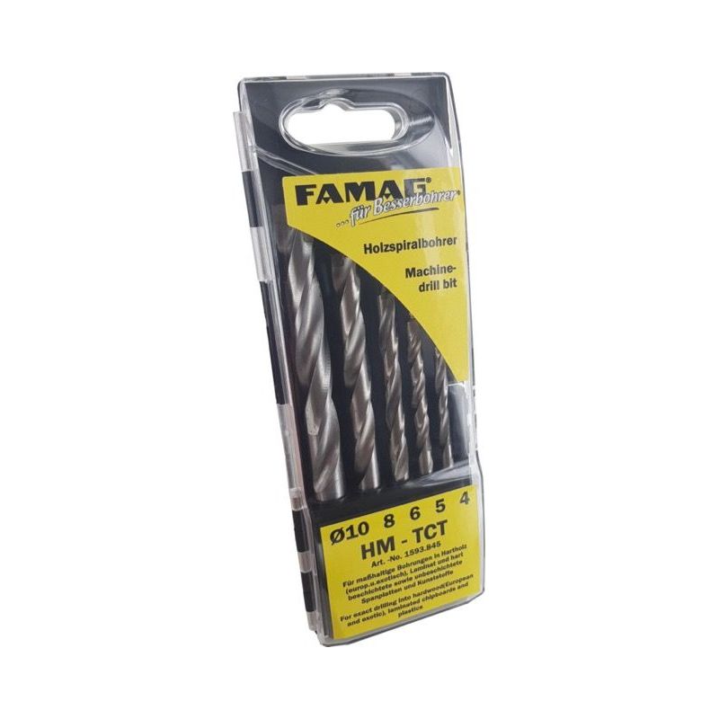 Famag Holzspiralbohrer HM-Set 5-tlg. in Kunstst.-Box 4-5-6-8-10 mm
