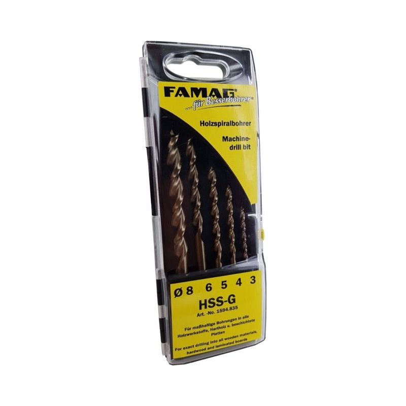 Famag Holzspiralbohrer-Satz HSS-G 5-tlg. in Kunstst.-Box 3-4-5-6-8 mm