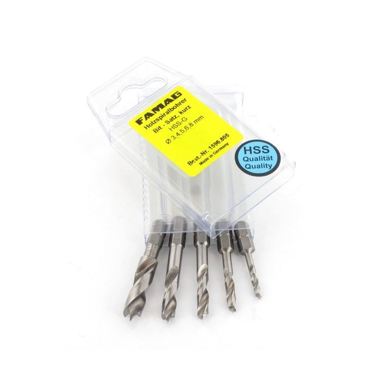 Famag Holzspiralbohrer-Bit-Set HSS-G kurz 5-teilig in Plastikbox, Ø 3, 4, 5, 6 u 8 mm *3