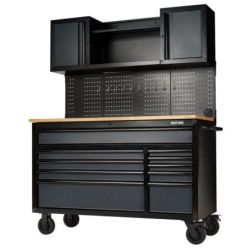 BUNKER Fahrbarer Werkstations-Werkzeugschrank mit Werkbank, 10 Schubladen, 142cm, grau