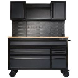 BUNKER Fahrbarer Werkstations-Werkzeugschrank mit Werkbank, 10 Schubladen, 142cm, grau